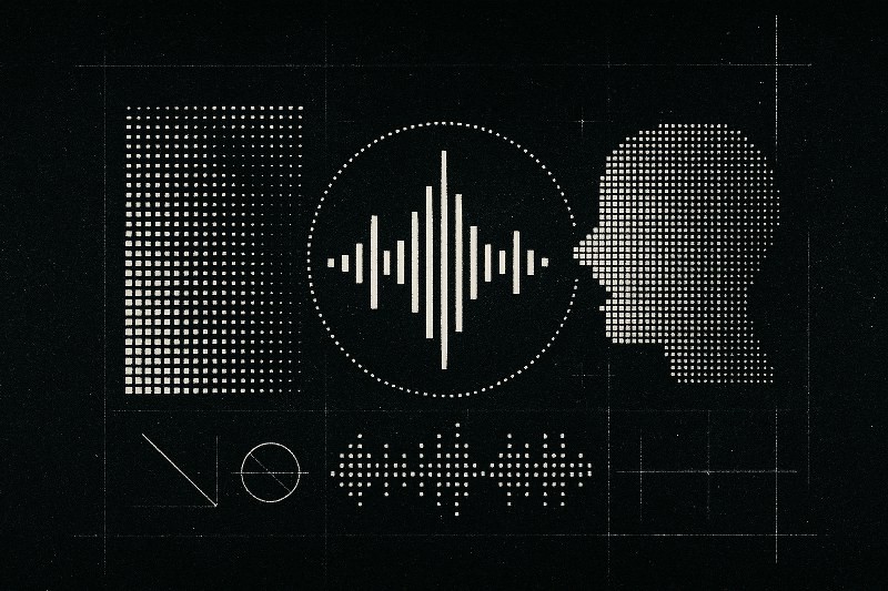 Voice synthesis technology illustration showing waveforms and neural networks